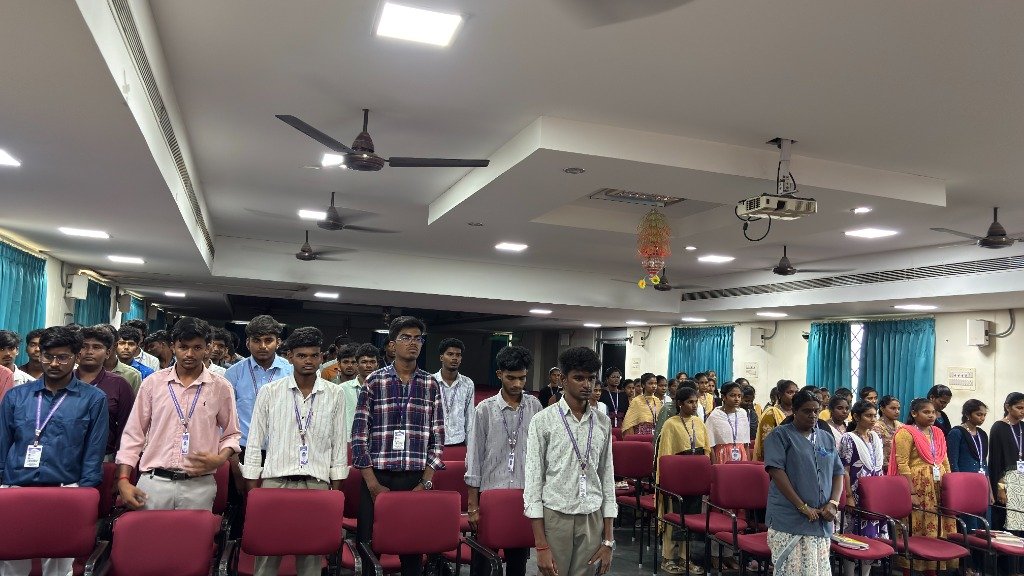 Students standing up to interact during the technology knowledge-sharing session at Gnanamani Educational Institutions.